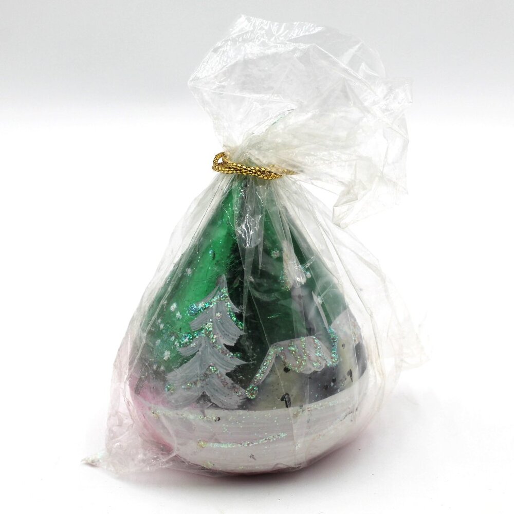 NOS Vintage 4" Green & Pink Made In Italy Snowy Christmas Village Wax Candle
